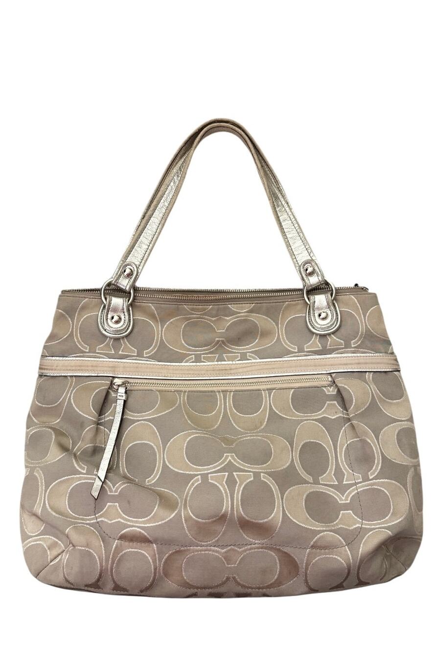Coach Metallic Signature Jacquard Satchel Champagne Silver Tote Bag Purse